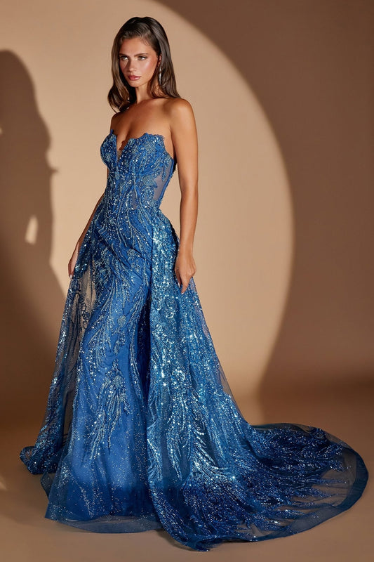 Vestido de noche azul strapless de lentejuelas con pedrería CM393