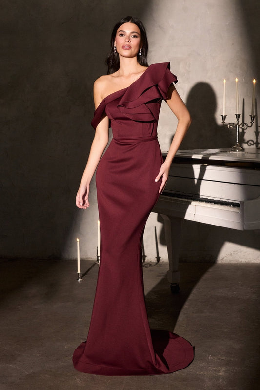 Vestido de noche drapeado ajustado de un solo hombro con olanes CR886