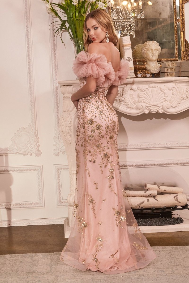 Vestido de noche de tul con brillos y hombros descubiertos J818
