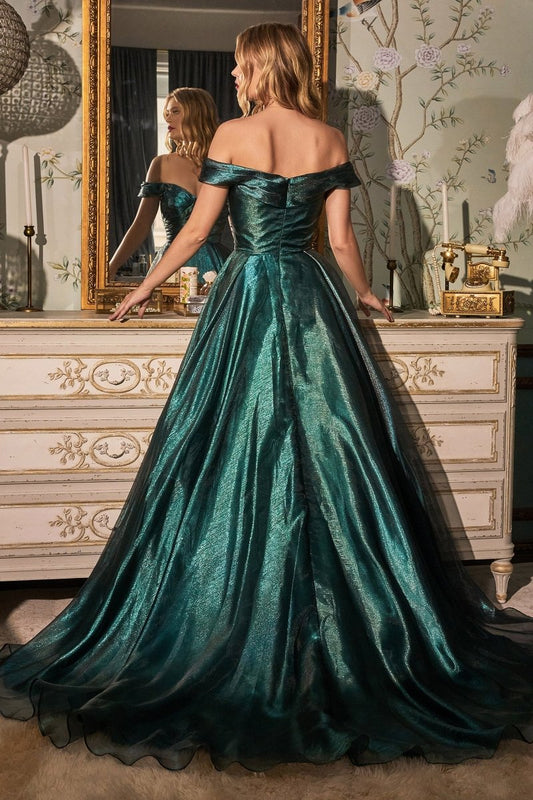 Vestido largo fucsia metálico de organza con hombros descubiertos J822