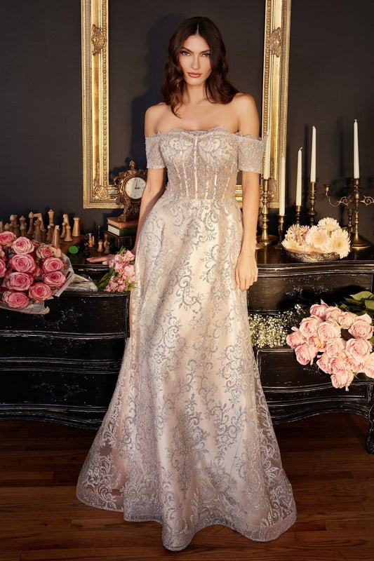 Vestido de fiesta largo corte A de tul con corset y brillos J835