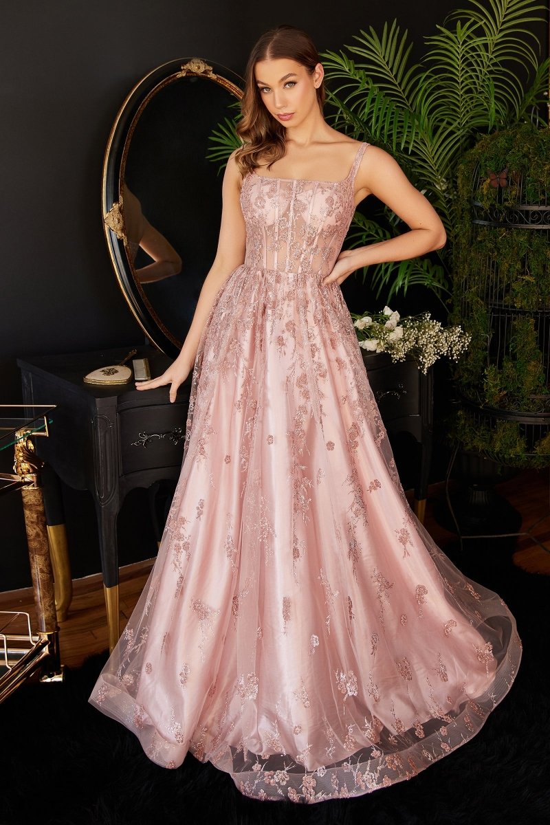 Vestido de graduación largo oro rosa corte A de tul con brillos J840