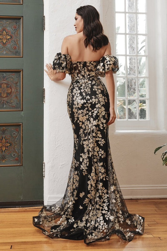 Vestido de noche strapless de encaje con brillos y corset J844