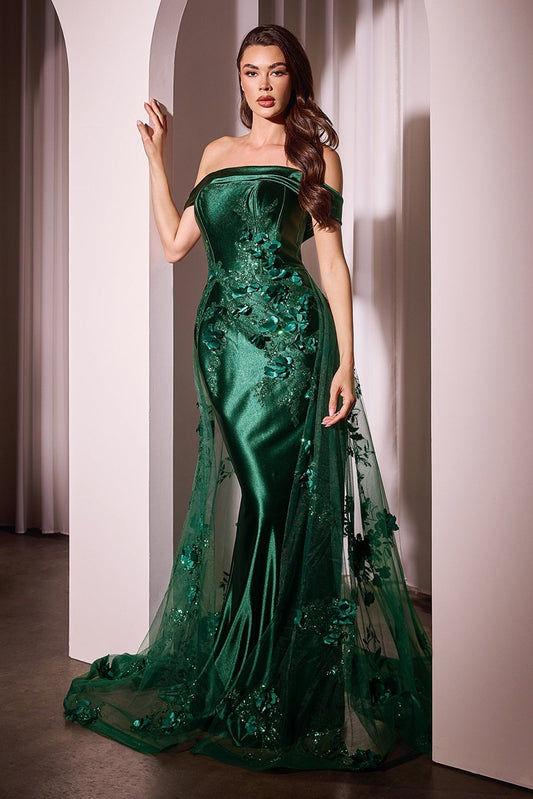 Vestido de noche corte sirena de satín y tul con aplicaciones J876