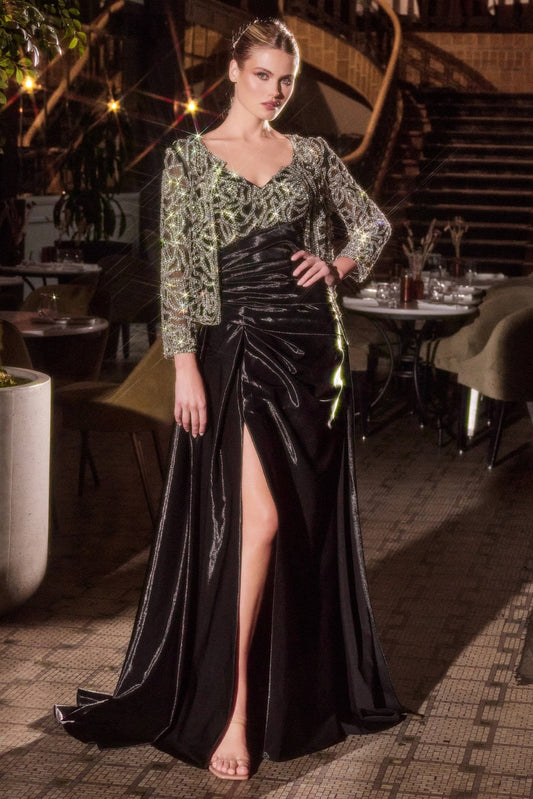 Vestido de fiesta largo negro con brillos, abertura y escote en V J882