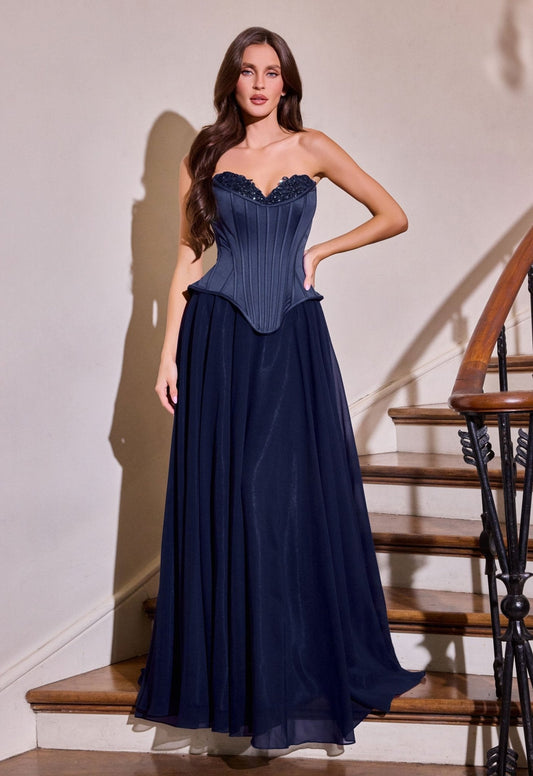 Vestido largo drapeado de gasa con corset y escote corazón J891