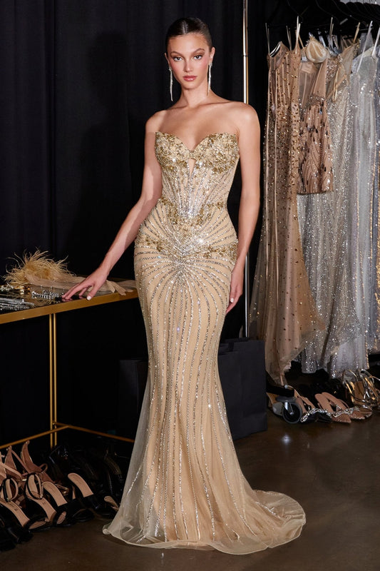 Vestido de noche strapless de lentejuelas con corset y pedrería KV1139
