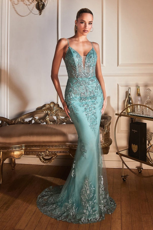 Vestido de fiesta largo de encaje con brillos y corset OC007