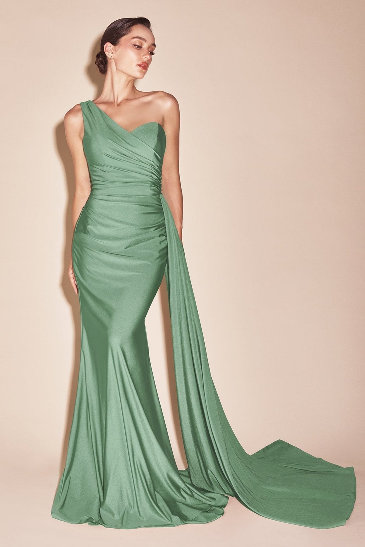 Vestido de fiesta largo satinado ajustado de un solo hombro PT004