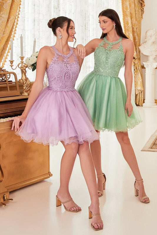 Vestido de cóctel corte A de encaje con cuello halter UJ0119