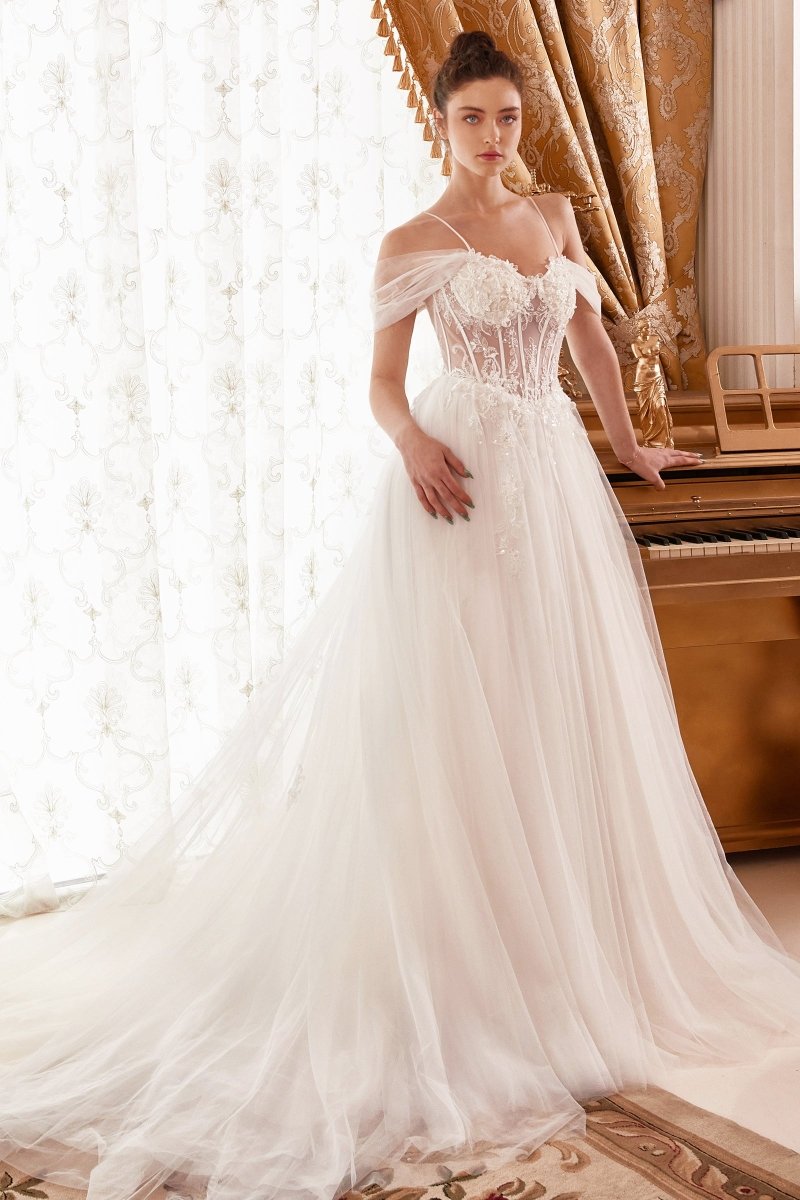 Vestido de novia drapeado de tul con corset transparente y cola WN307