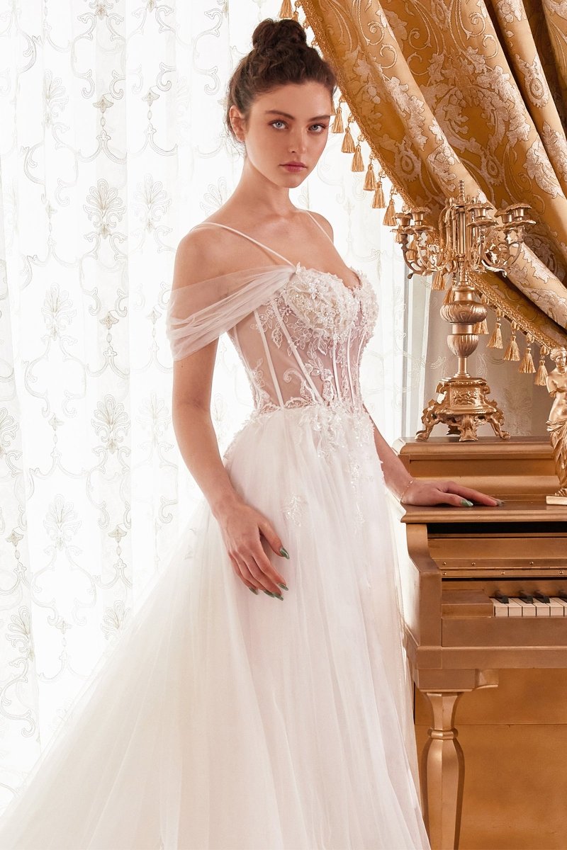 Vestido de novia drapeado de tul con corset transparente y cola WN307
